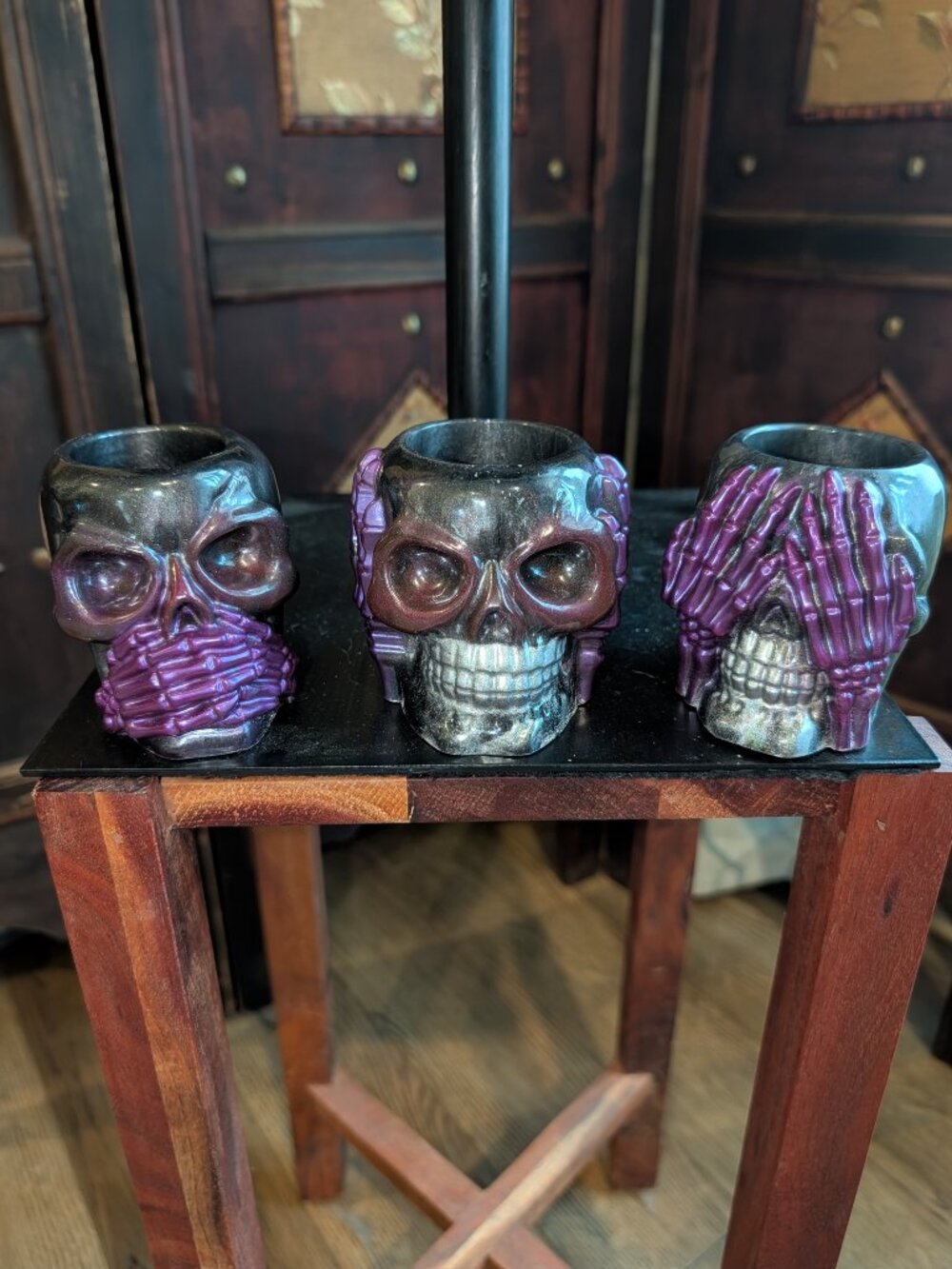 See Hear Speak No Evil Skull Planter Candle Holder Set of 3 Purple Halloween